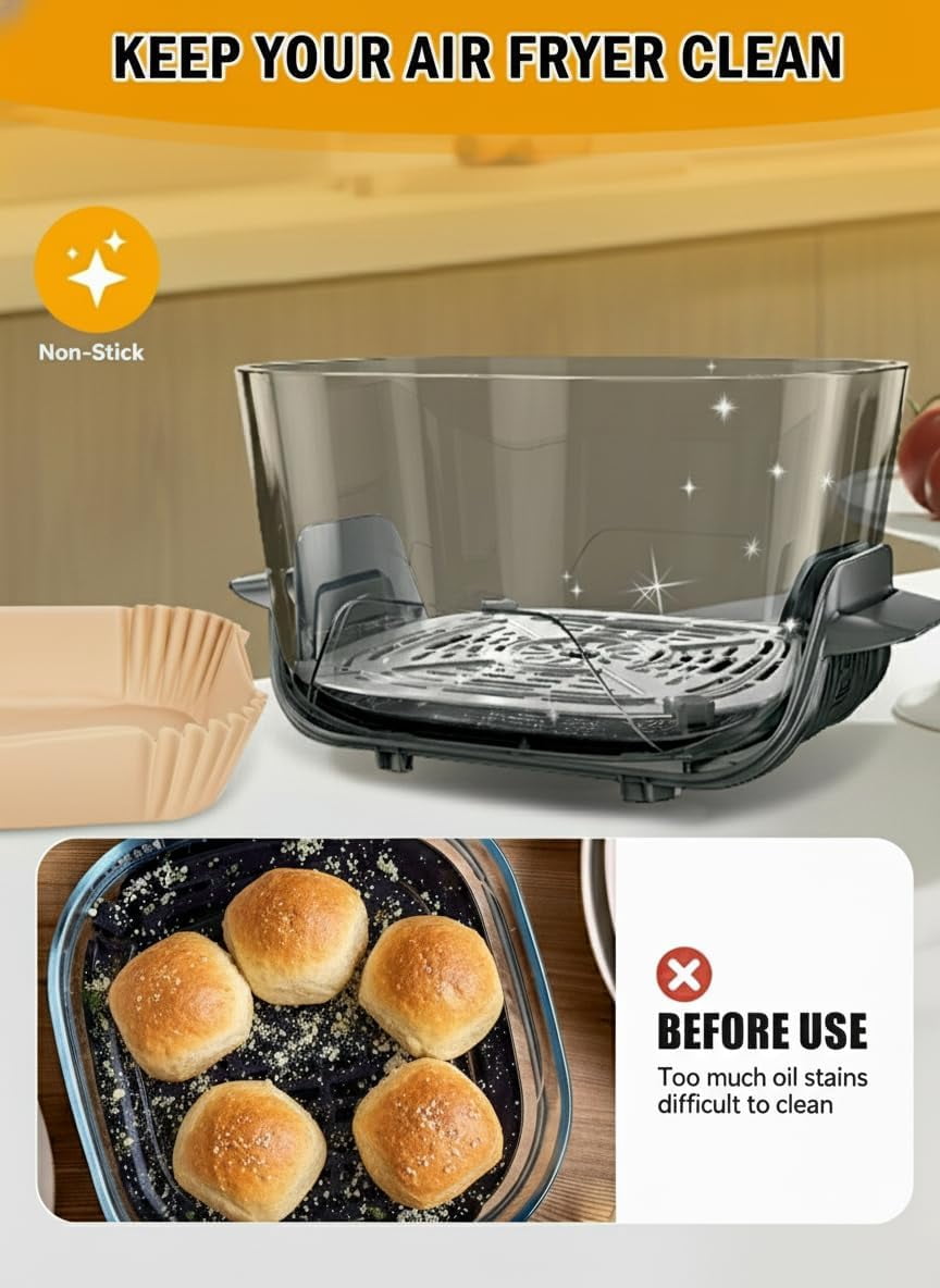 Air Fryer Disposable Paper Liner for Ninja Crispi Pro AS101CY AS101LG AS101DG 6qt & 2.5qt Glass Containers Accessories, 130PCs Square Food Grade Parchment Paper Non-Stick Oil Proof Bleach-Free