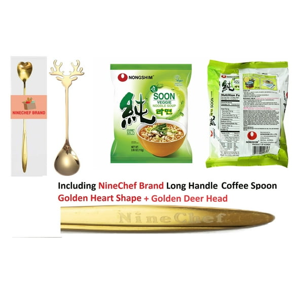 NineChef Bundle - NongShim Soon Noodle Soup Veggie 3.95 Ounce (Pack of 10)  2 NineChef Long Handle Spoon (Golden Heart and Deer Head)