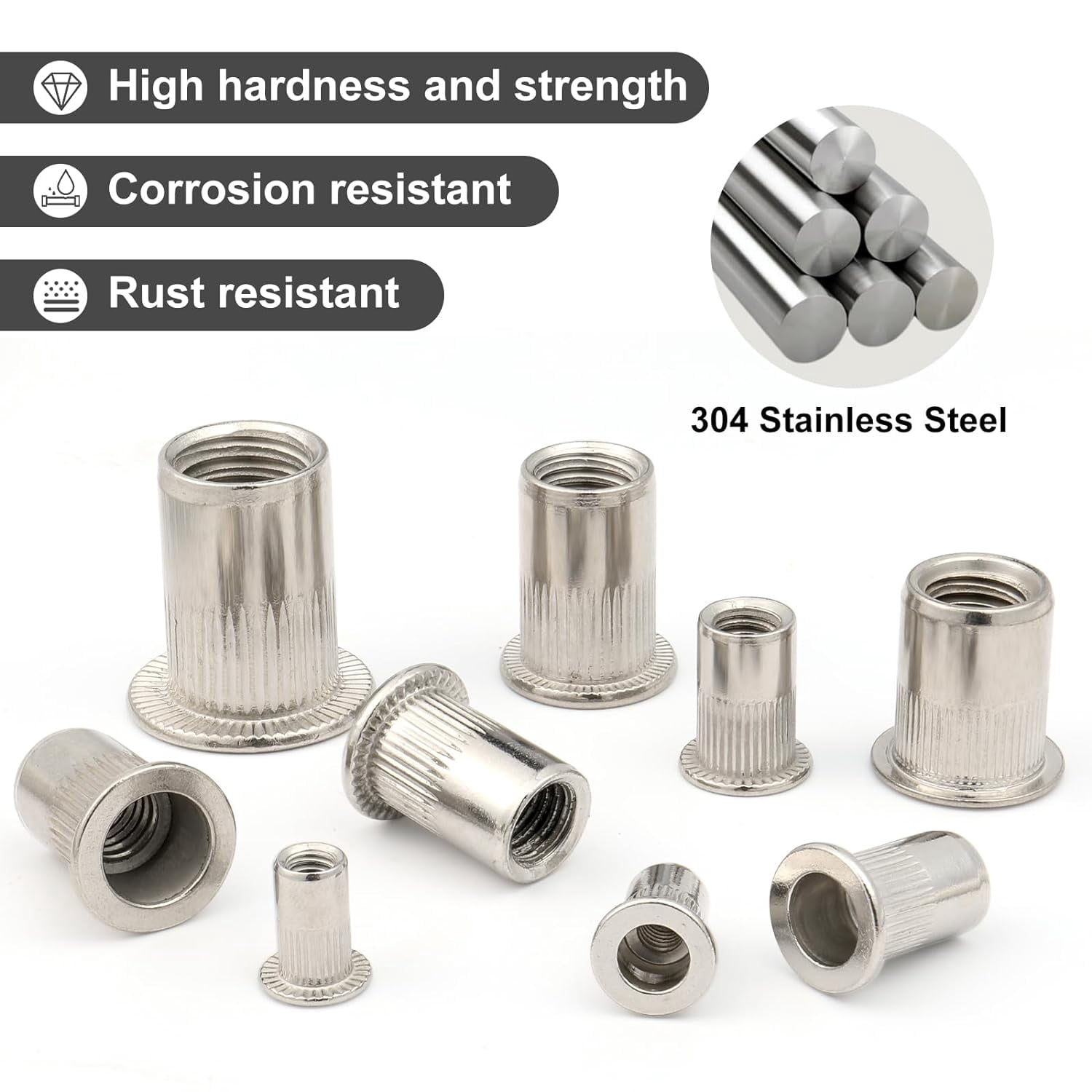 80 Pack 1/4-20 Rivet Nuts 304 Stainless Steel Riveting Nuts Threaded Insert Nuts, Knurled Body (30517)