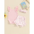 thumbnail image 4 of CIYCuIT Baby Girls Cute Shorts Sets Fly Sleeve Solid Color Romper + Flower Print Shorts + Bow Headband 3Pcs Outfits Newborn Infant Casual Summer Clothes 3M 6M 9M 12M 18M, 4 of 8