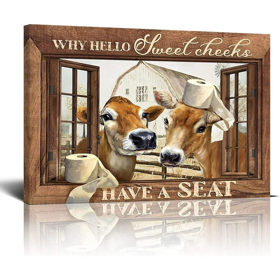 Bathroom Cow Pictures Canvas Wall Art Rustic Cute Cow Bathroom Print Paintings Farmhouse Wood Background Cow Pictures Modern Home Artwork Decor For Bathroom Framed Ready To Hang 12x16 Inch
