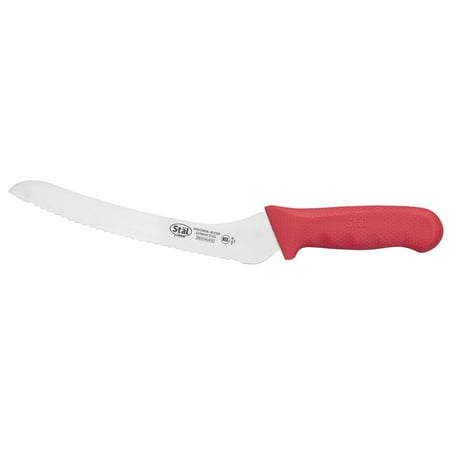 

Winco KWP-92R Stl Stamped Cutlery Offset Bread Knife 9 Stainless Steel Blade Wavy Edge Red Plastic Handle