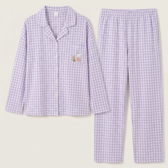 Cotton Women's Pajama Set 2 Pcs Long Sleeve Sleepwear Button Front Long PJ Pants