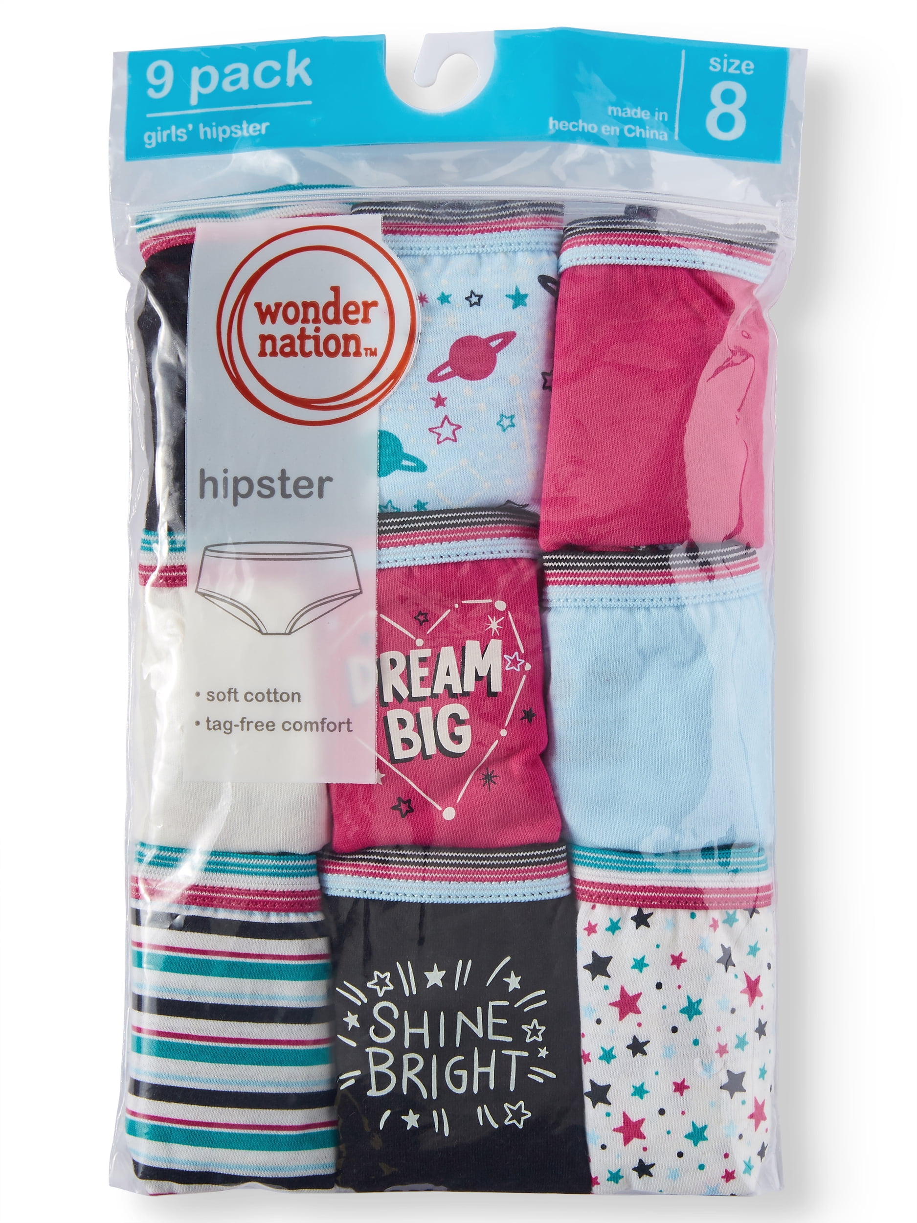 Wonder Nation Girls Underwear, 9 Pack 100% Cotton Hipster Panties (Little Girls & Big Girls)
