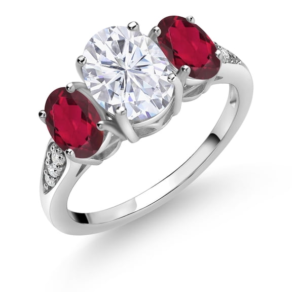 Gem Stone King 10K White Gold White Moissanite Ruby Red Mystic Topaz and White Lab Grown Diamond 3 Stone Engagement Ring for Women (2.54 Cttw, Gemstone Birthstone, Available in Size 5, 6, 7, 8, 9)