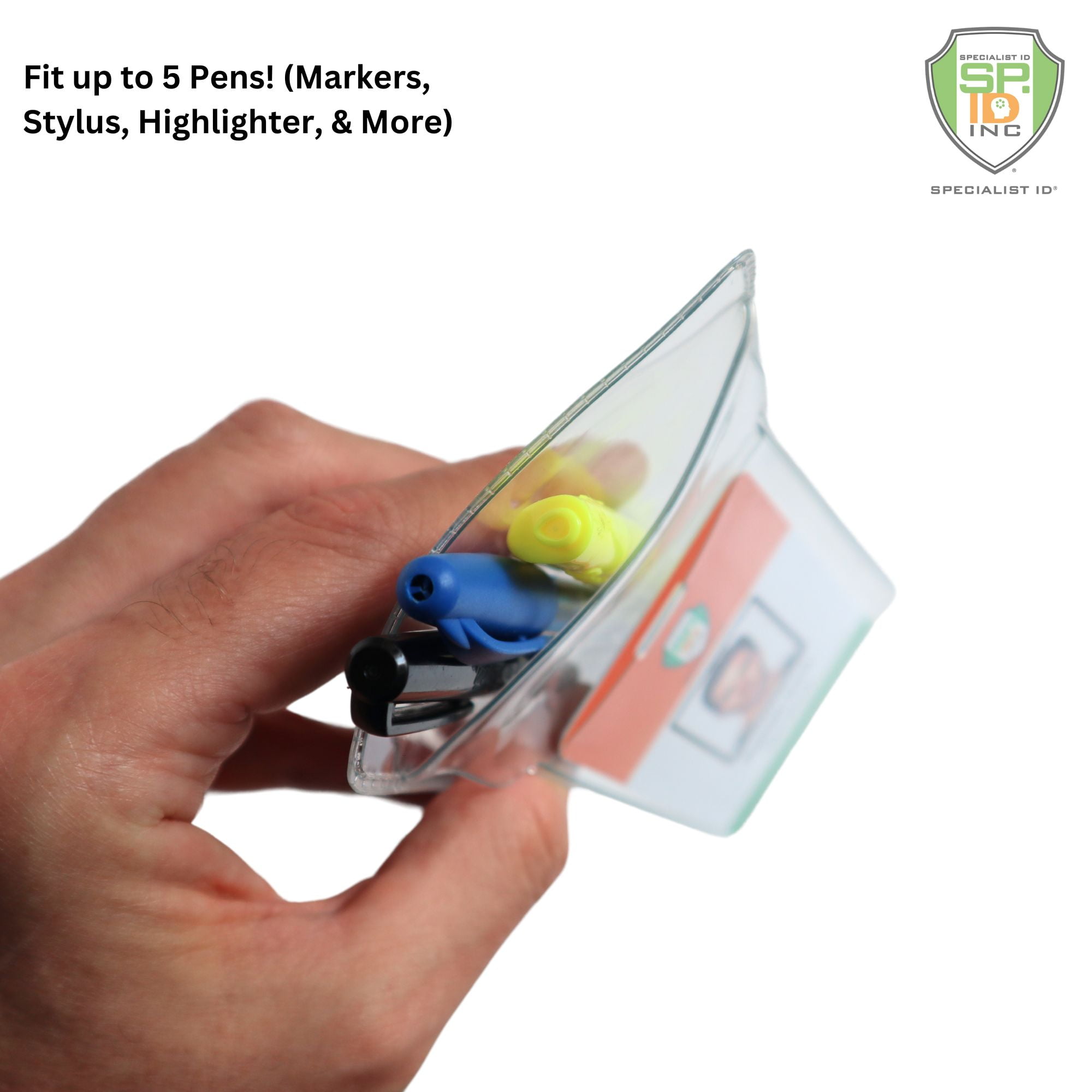 Bulk 50 Pack - Heavy Duty Pocket Protector with Vertical ID Badge Holder - Clear Plastic Shirt/Lab Coat Pocket Pouch Organizer for Pens, Pencils, Small Tools, Name Tags and More by Specialist ID