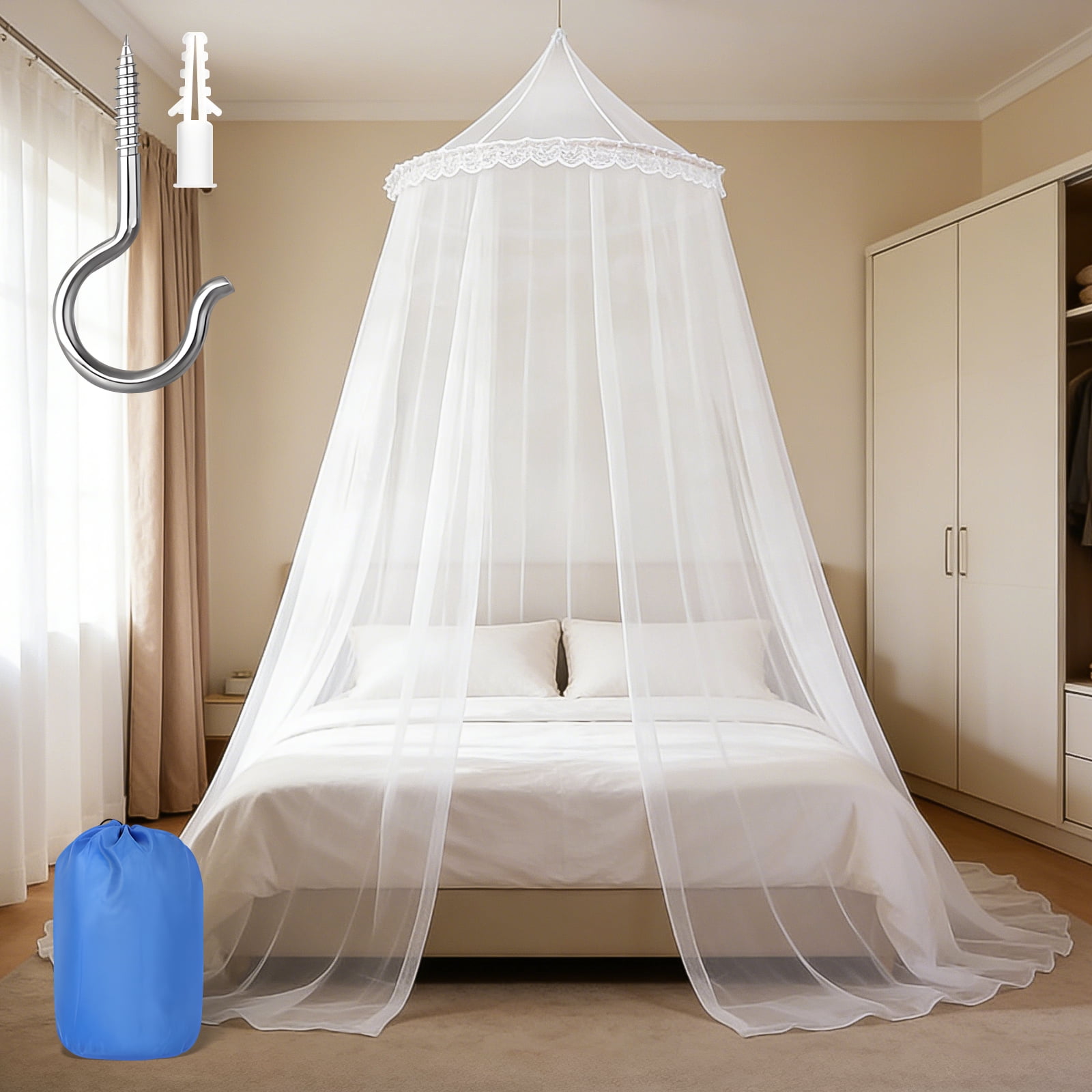 Mosquito Net for Bed, Lace Flower Large White Bed Canopy for Girls, Hanging Bed Net, Easy Installation Ideal for Bedroom Decorative, Travel with Storage Bag