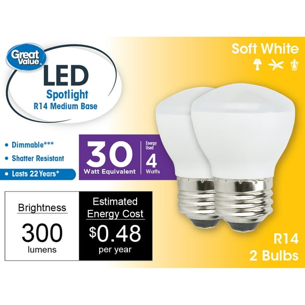 gebed onbekend nachtmerrie Great Value LED Light Bulb, 4W (30W Equivalent) R14 Floodlight Lamp E26  Medium Base, Dimmable, Soft White, 2-Pack - Walmart.com