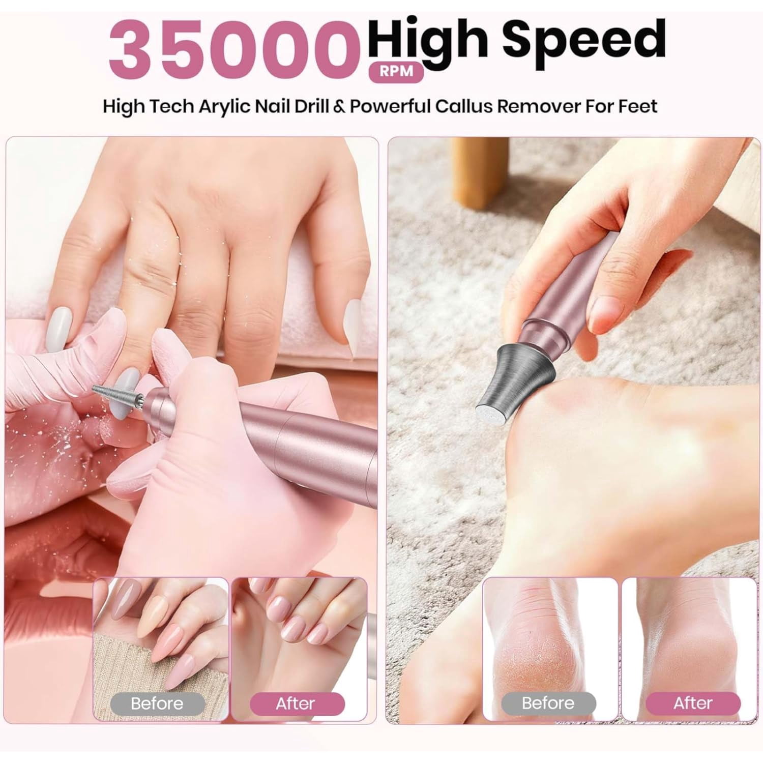 Cordless Nail Drill 35000RPM, Portable Electric Nail File for Acrylic Gel Nails, Professional Manicure Pedicure Kit, Rechargeable Pedicure Tools for feet with LCD Display, Low Noise Low Vibration