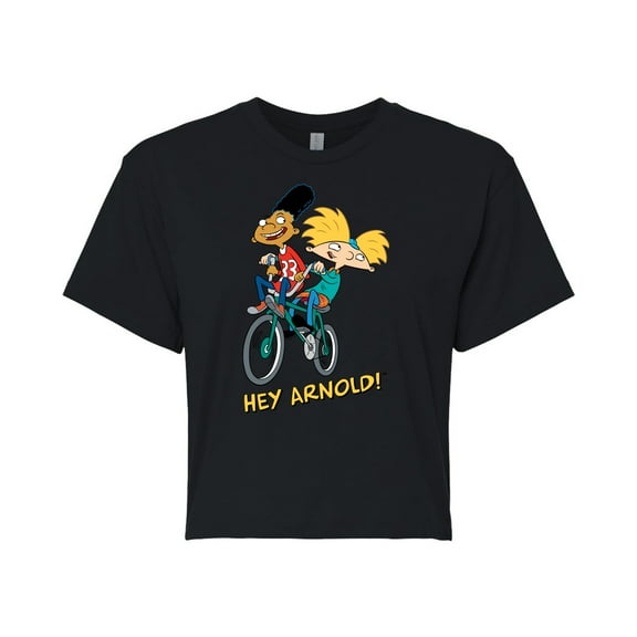 Hey Arnold! - Arnold and Gerald on Bike - Juniors Cropped Cotton Blend T-Shirt