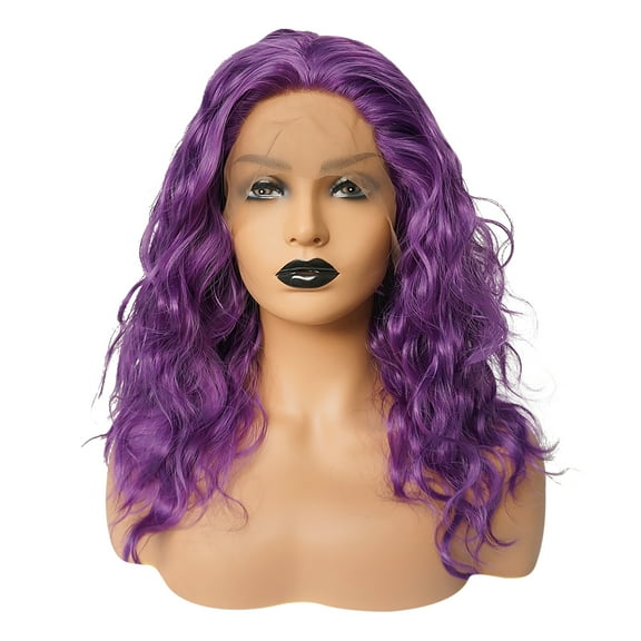 Unique Bargains Lace Front Wigs for Women 14" Purple Medium Long Fluffy Curly Wavy with Wig Cap