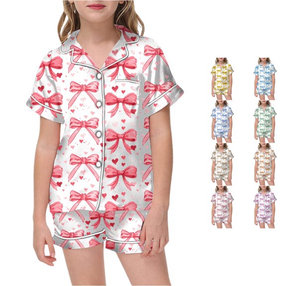 Weebloom Toddler Girls Summer Pajamas Cute Bow Printed Pajamas Short Sleeved Button Tops Shorts Home Pajamas Set Sleepwear Nightwear Pjs Loungewear Red 2-3 Years