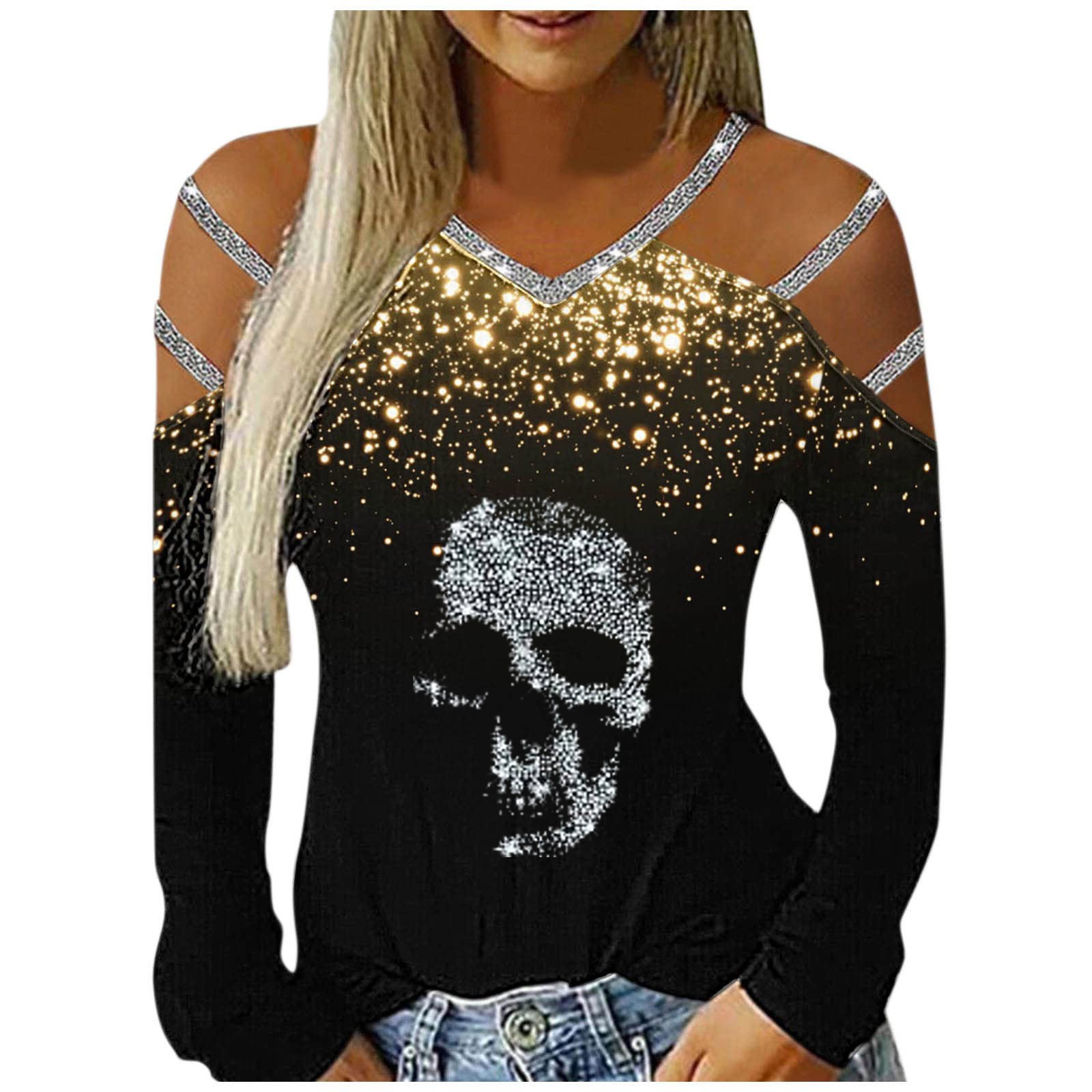 Sequin Tops for Women Sexy Casual Cold Shoulder Hollow V Neck Blouses  Sparkly Rhinestone Skull Slim Tunic Tops - Walmart.com