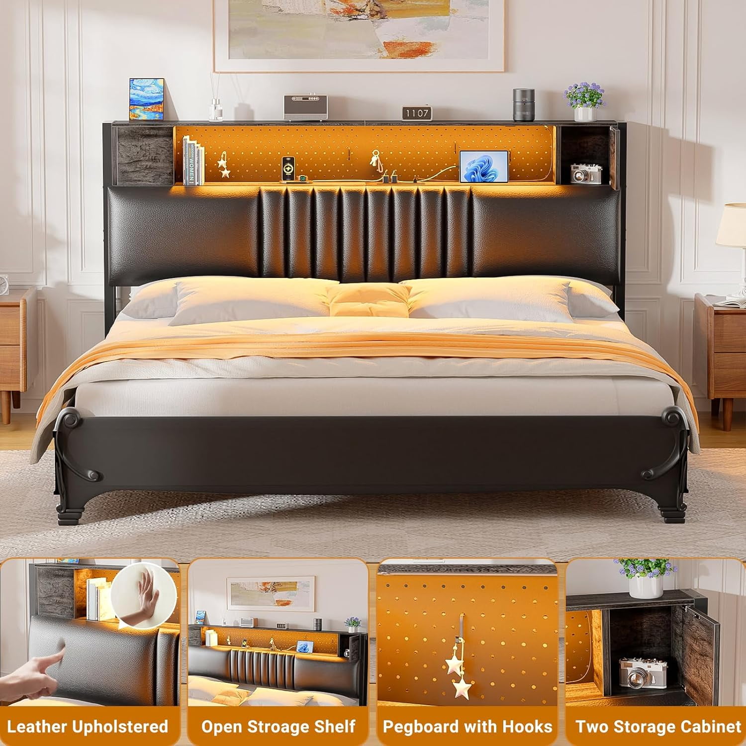 iSunirm Upholstered Headboard for Queen Size Bed Frame with Storage Cabinet & Shelf, Queen Headboard with Outlets and RGB LED Light, for Bedroom/Dorm Room, 40.1"W x 6.3"D x 43.3"H, Black Oak