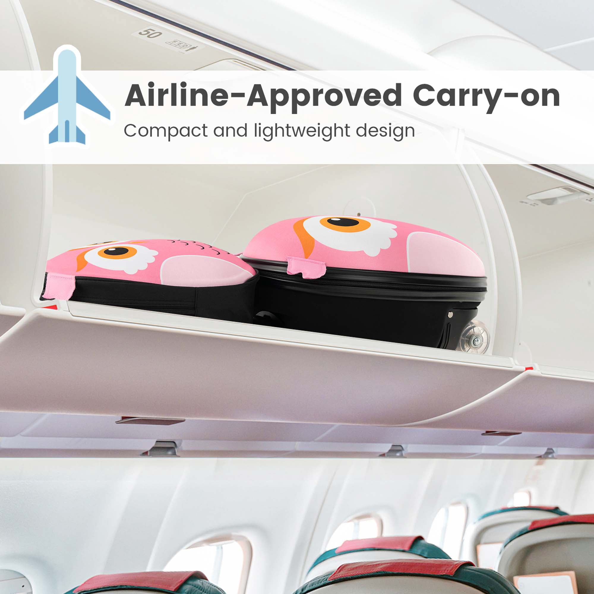Costway 2PCS Kids Carry On Luggage Set 16'' Owl Rolling Suitcase with 12'' Backpack Travel Pink