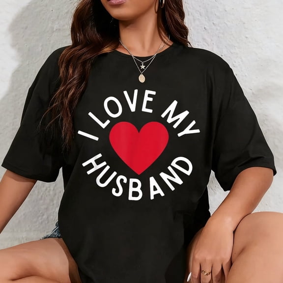 Women's I Love My Husband Heart Graphic T-Shirt Retro Funny Anniversary Gift Casual Short Sleeve Black Tee