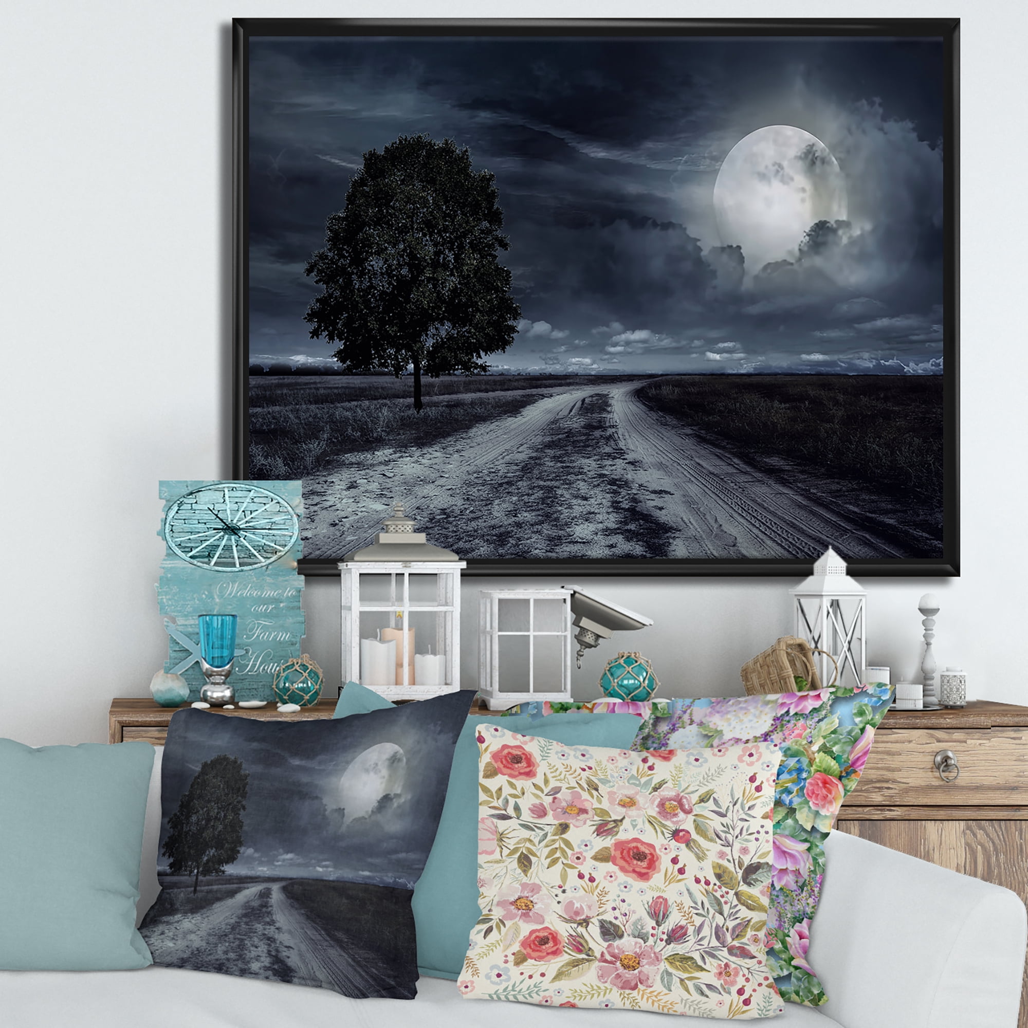 Designart 'A Full Moon Over Paved Road' Nautical & Coastal Framed Canvas Wall Art Print