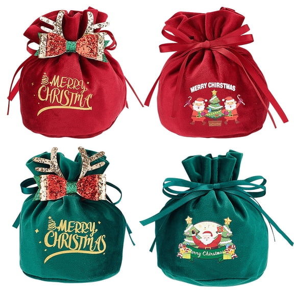 4pcs 4 styles Christmas Velvet Candy Bags Word Merry Christmas Drawstring Pouches for Gift Wrapping Green Red Word Christmas Tree Pattern Mixed Patterns 15.5x16.5cm 1pc/style