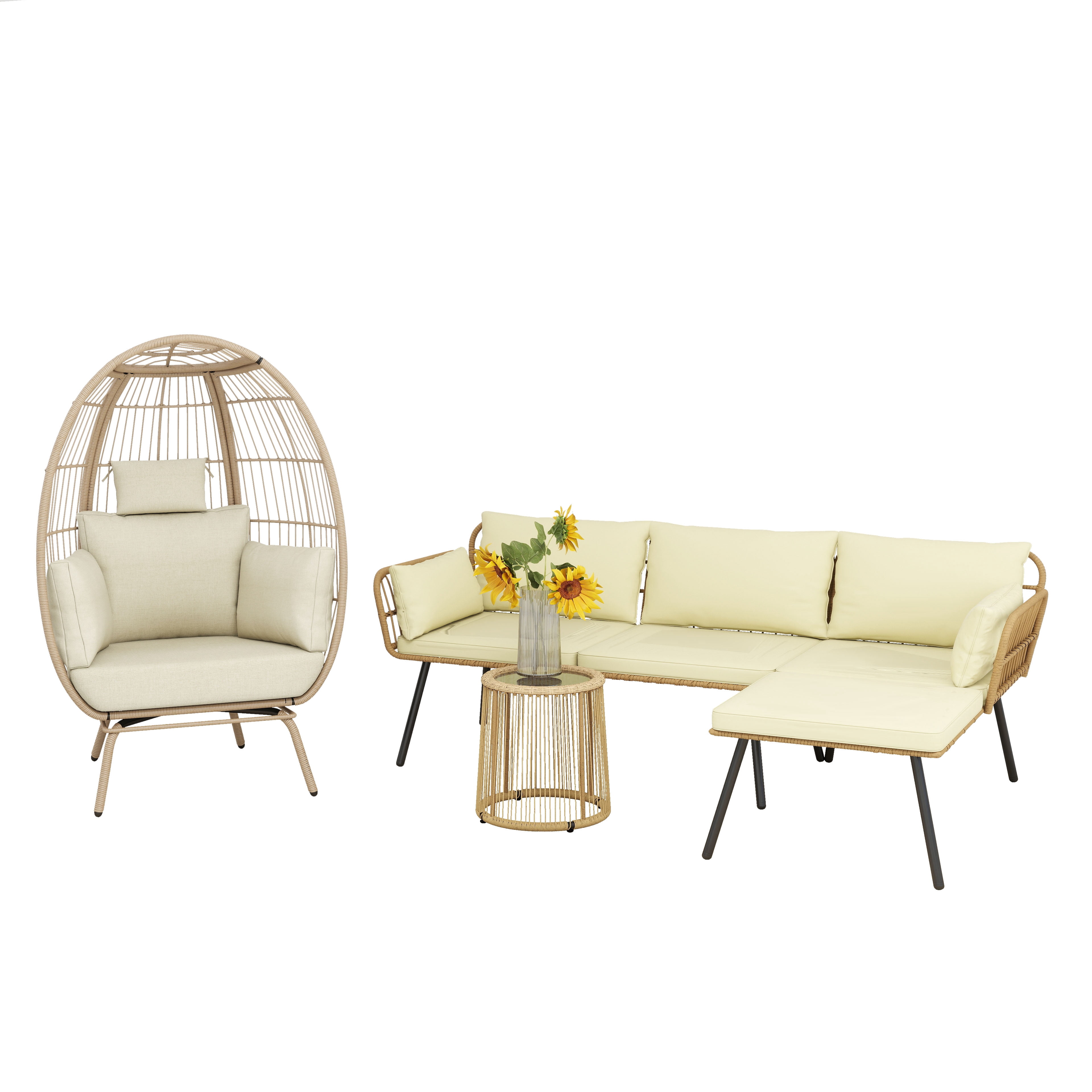 Uforic Boho Patio Conversation Sets,Outdoor Furniture Sofa Set - Club Lounge Chairs egg chair,L-Shaped Patio Sofa and Coffee Table & Cushions - Beige