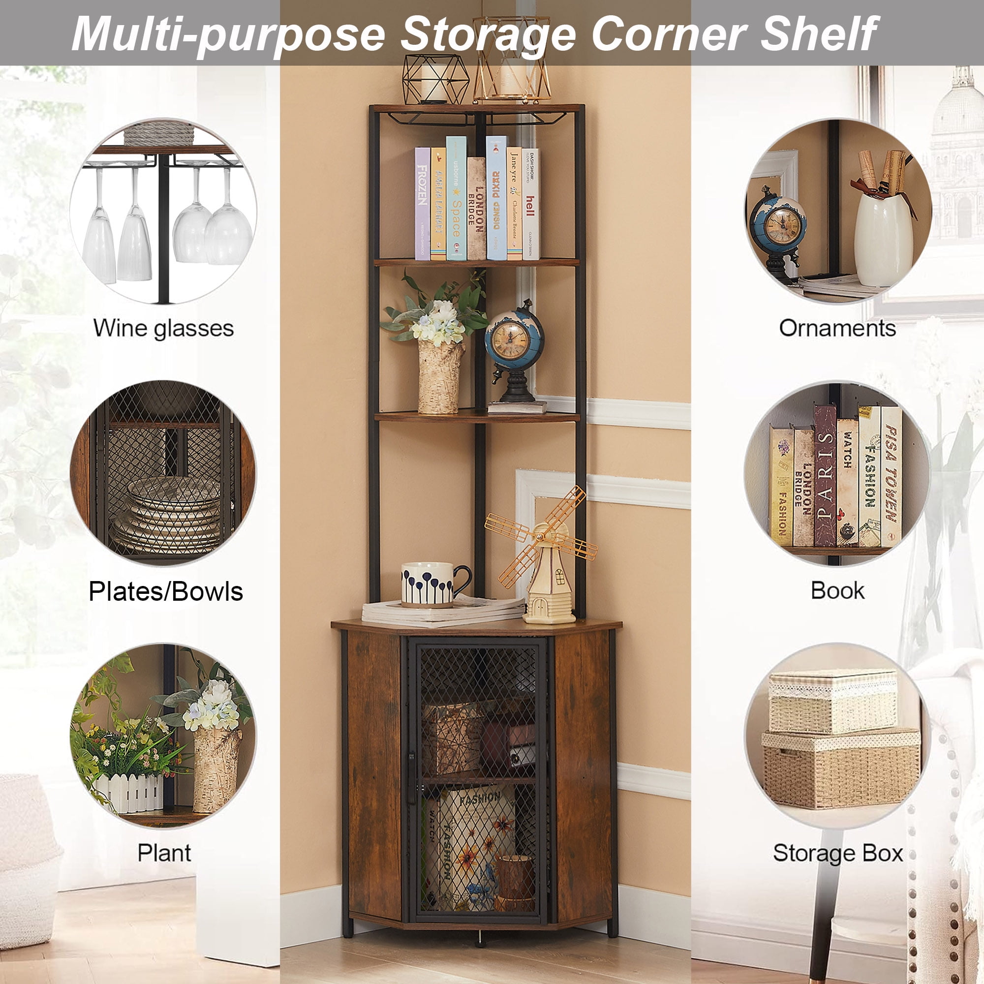 VECELO 6-Tier Corner Shelf with Storage Cabinet, Rustic Corner Bookshelf Stand Storage Rack Plant Stand for Living Room, Home Office, Kitchen, Small Space, Brown