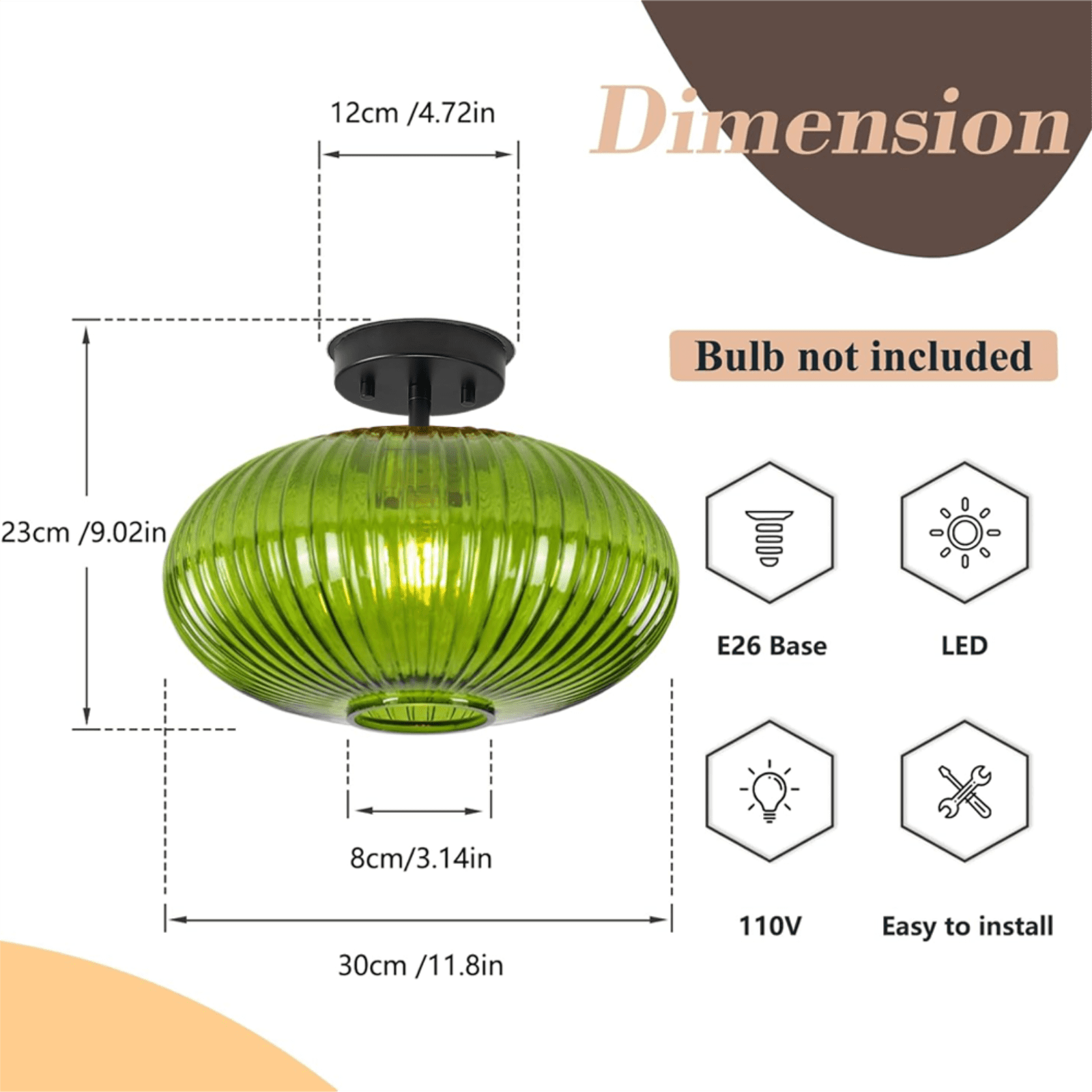 Green Ribbed Glass Semi Flush Mount Ceiling Light, E26 Base Close to Ceiling Fixture for Hallway, Bedroom & Kitchen