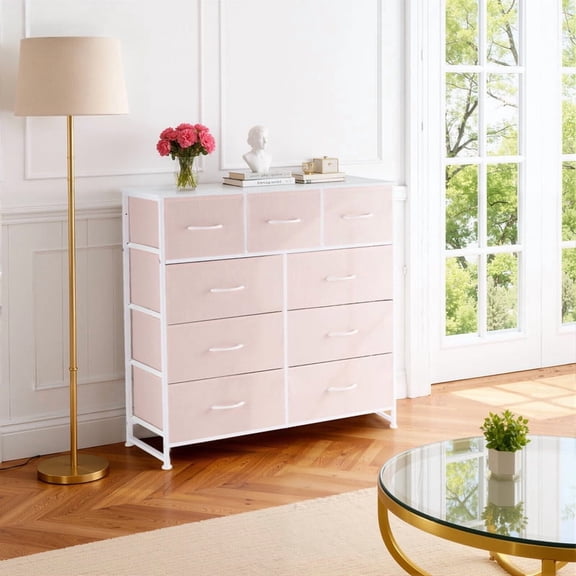 Nextay 9 Drawers Dresser for Bedroom, Fabric Dresser with Sturdy Steel Frame, Wooden Top & Easy Pull Fabric Bins,Pink