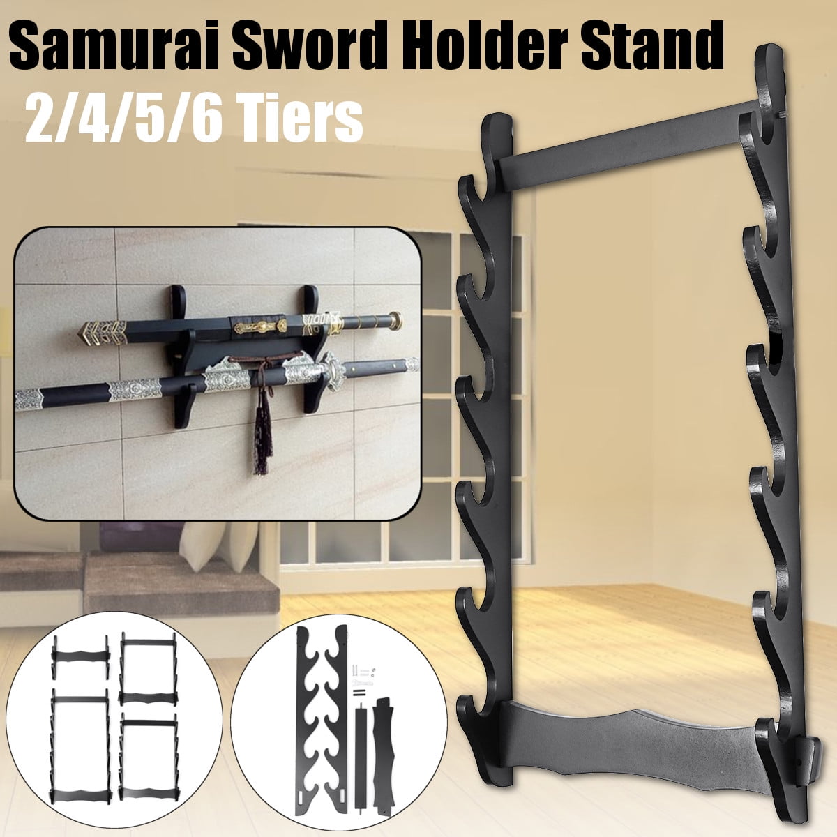 Eforlife Sword Holder Wall Mount Samurai Display Stand 4-Tier 