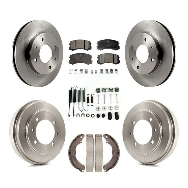 Transit Auto Front Rear Disc Brake Rotors Ceramic Pads and Drum Kit (7Pc) for Car 2007 Mitsubishi Lancer LS Diamond with 15" Factory Wheels K8T-102811
