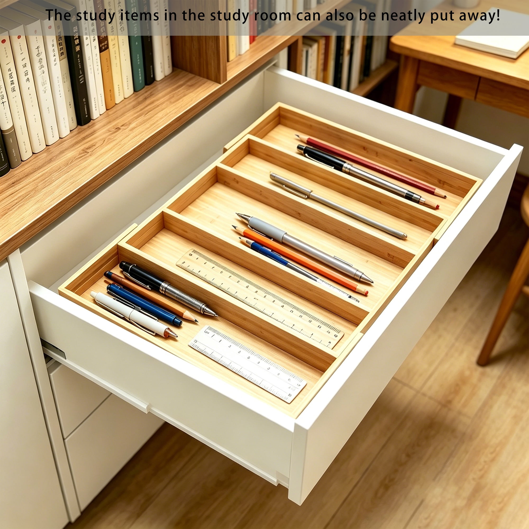 Bamboo Expandable Kitchen Drawer Organizer, Adjustable Utensil Holder and Cutlery Tray Organiser, Drawer Divider for Silverware, Flatware, Knives in Kitchen, Bedroom, Living Room, 5 Slot