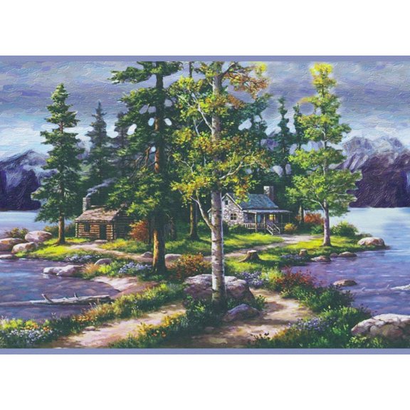 Dundee Deco Peel and Stick Self Adhesive Wallpaper Border - Country Blue, Green Cottage by the Lake, 15 ft x 7 in
