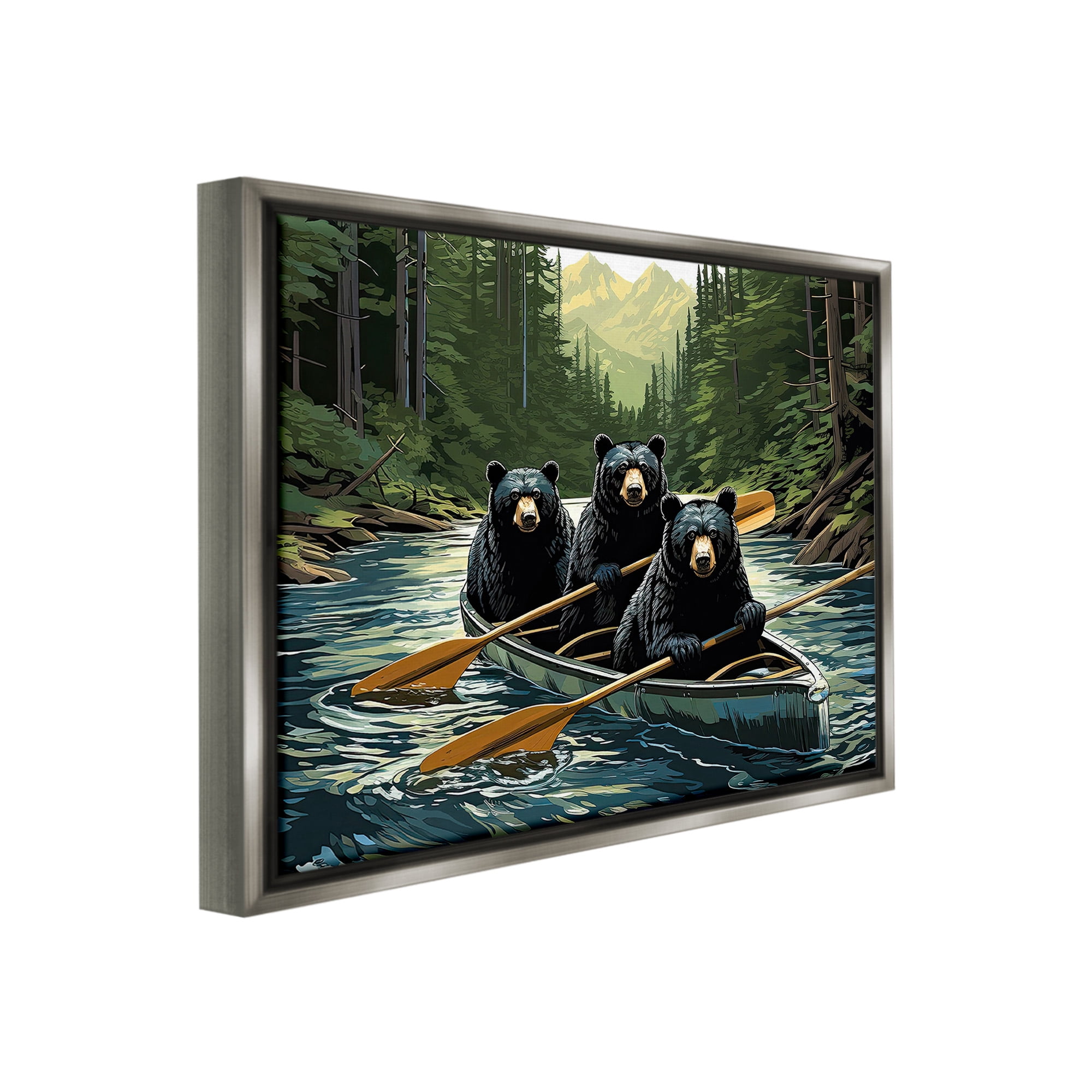 Stupell Industries Woodland Canoeing Bears Animals & Insects Painting Gray Floater Framed Canvas Art Print Wall Art, 31 x 25