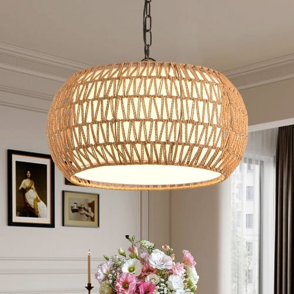 ACE-LIGHTS,Height Adjustable Farmhouse Pendant Light(Bulb Not Included),Boho Woven Jute Rope Hanging Ceiling Light Fixture for Living Room,Dining Room,Bedroom,Kitchen,Entryway(Wood)