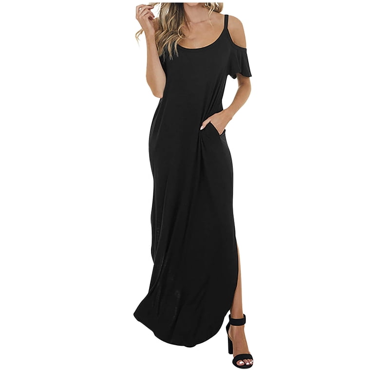 fartey Women's Cold Shoulder Sundress with Pockets Short Sleeve Camis Maxi  Dress Tunic Crewneck Solid Color Flowy Dresses - Walmart.com