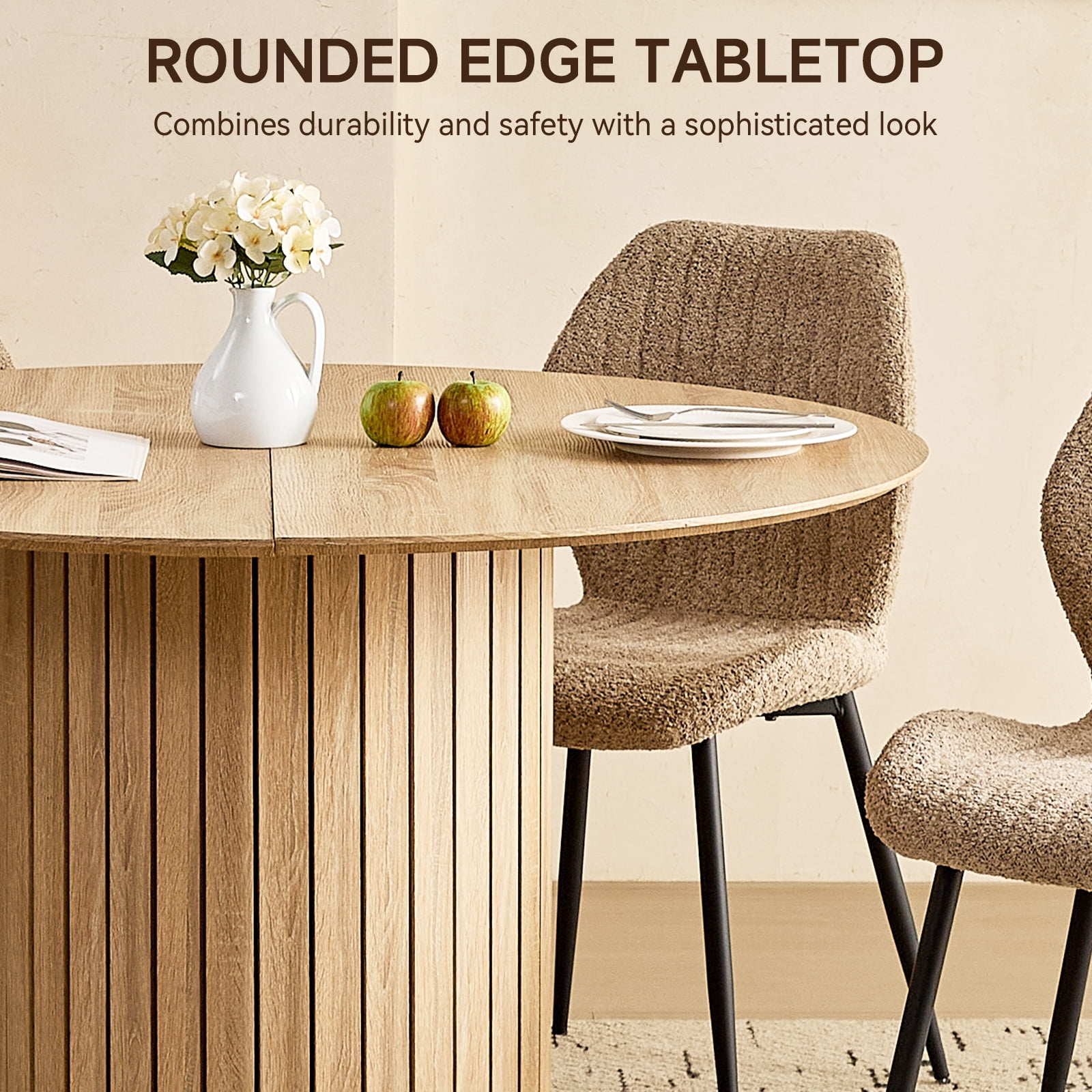 47" Round Dining Table Set of 4, Natural Wood Kitchen Table with 4 Brown Boucle Dining Chairs