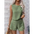 thumbnail image 3 of Womens 2 Piece Summer Linen Outfits Short Sets Round Neck Sleeveless Tank Top Elastic High Waisted Shorts  Green S, 3 of 8