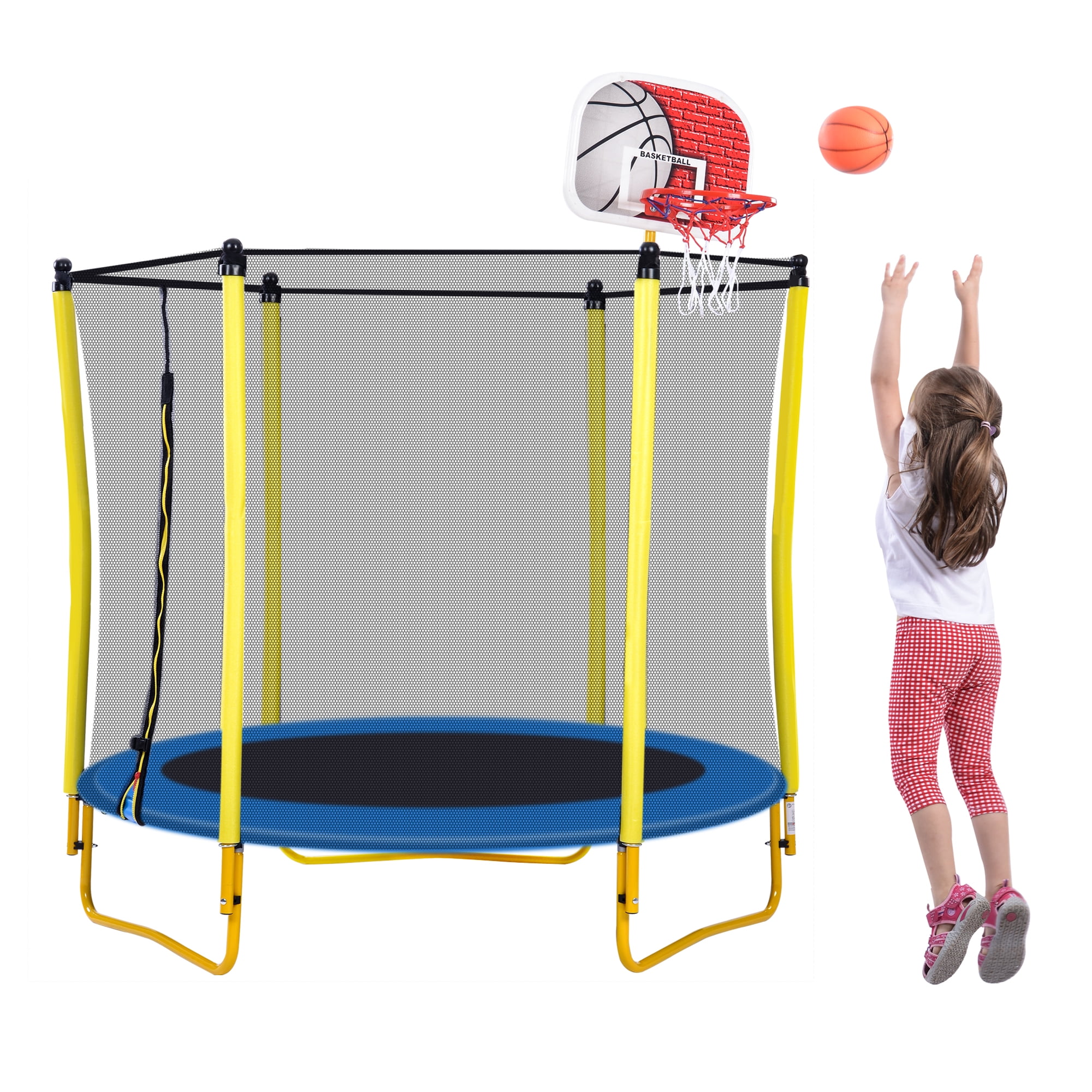 Trampoline with Basketball Hoop for Kids, SEGMART 65" Indoor Outdoor Toddler Trampoline with Enclosure, Indoor Outdoor Kids Trampoline with Basketball, Small Round Trampoline for Boys Girls