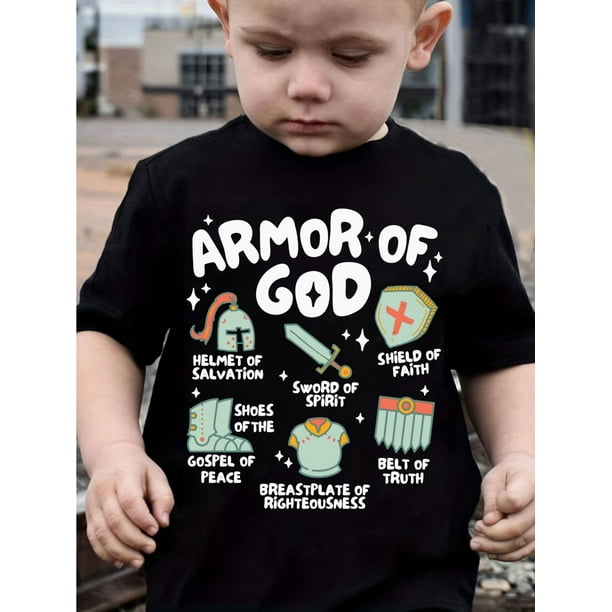 Armor Of God Graphic Boys T-Shirt - Casual Black t-Shirt With Helmet, Shield, Sword And Belt Of Truth Design, Short Sleeves, Round Neck, Casual Summer Wear Tops, Casual Summer Wear
