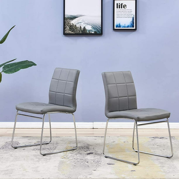 Dining Chairs Set Of 2 Modern Faux, Grey Real Leather Dining Room Chairs With Chrome Legs
