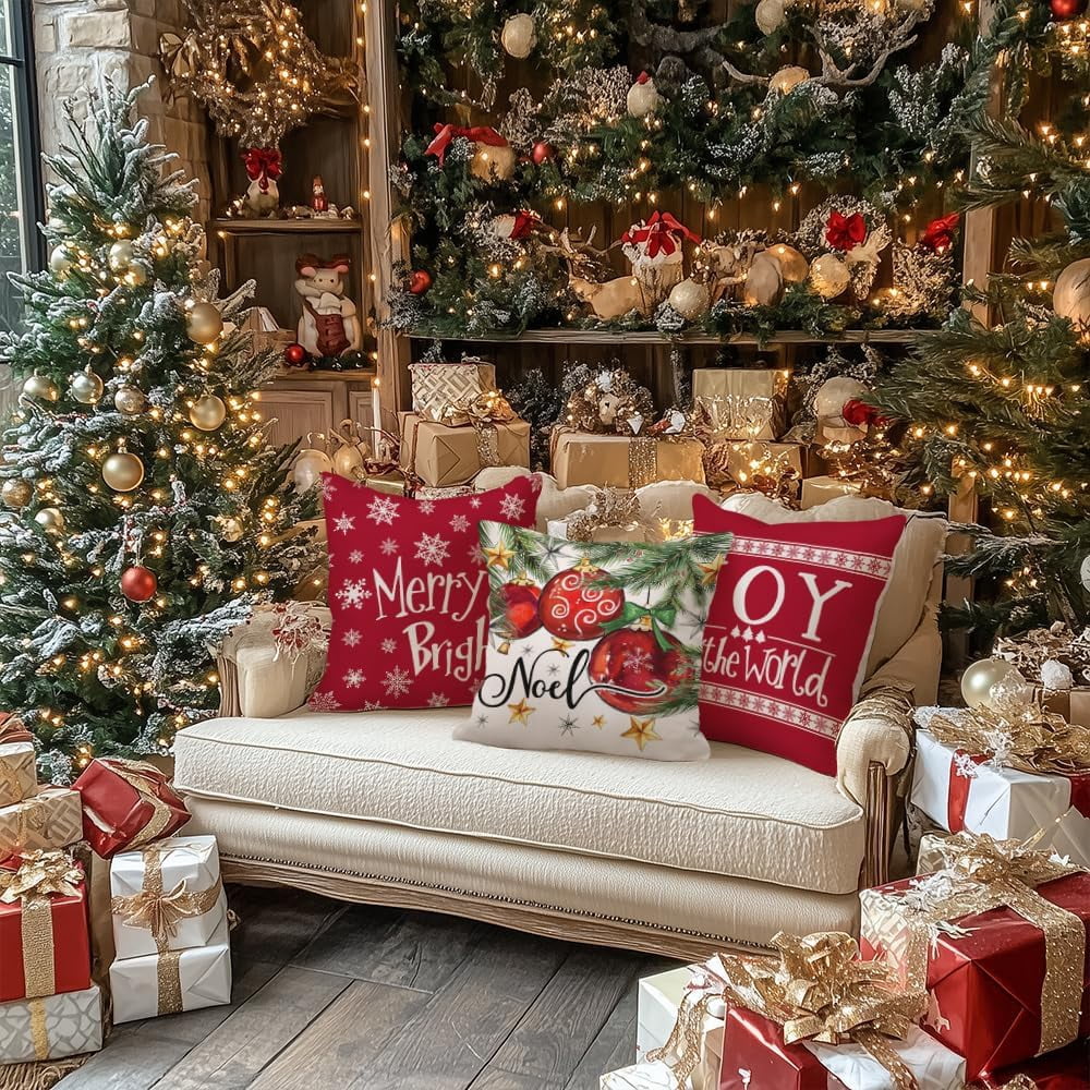Christmas Throw Pillow Covers 20x20 Inch Set of 4, Xmas Tree Balls Merry and Bright Joy to The World Red Winter Holiday Farmhouse Decorative Cushion Cases for Home Decoration G631-20