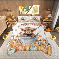 Manfei Cute Rustic Cow Queen Comforter Set for Kid, Autumn Harvest Pumpkin Bedding Sets, Maple Leaf Reversible Bedding Comforter Set, Microfiber Bedroom Decor, 3-Piece