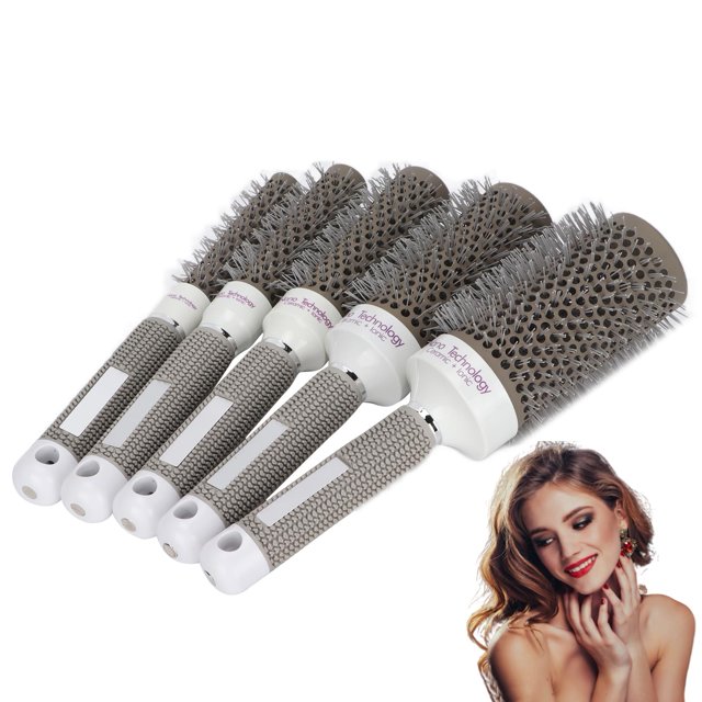 Juego de Cepillos Redondos, Cepillo de Pelo de Conducción de Calor, Peine, Juego de Herramientas de Peluquería para Rizar con Secador, Temperatura Ajustable, 5 Piezas