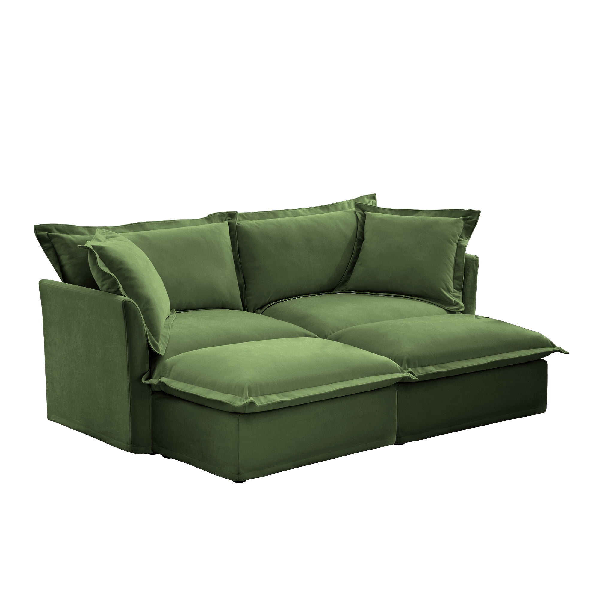 Gewnee Modern Deep Seat 2 Seater Sofa With 2 Ottomans, Slipcovered Chenille Green For Living Room,