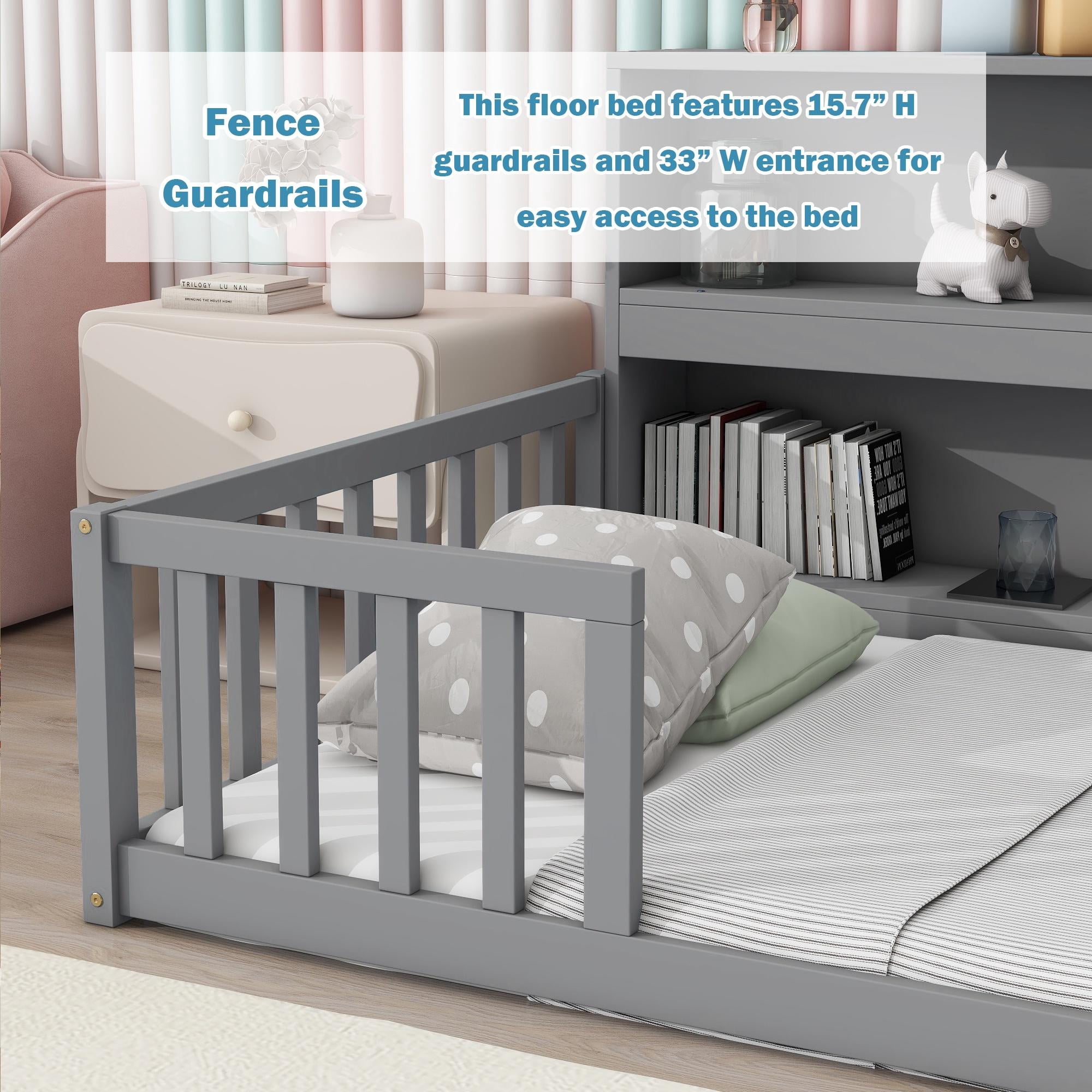 Bellemave Twin Size Floor Bed Frame with Fence and Bookcase Floor Bed Low Montessori Bed Frame with Storage Shelves (Twin, Gray)