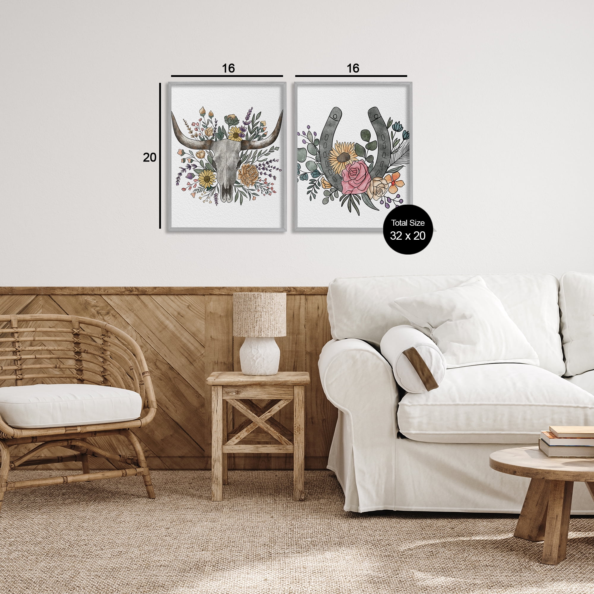 Stupell Industries Boho Longhorn & Horseshoe 2 Piece Gray Framed Giclee Art Set, design by Alisha Kiara Design