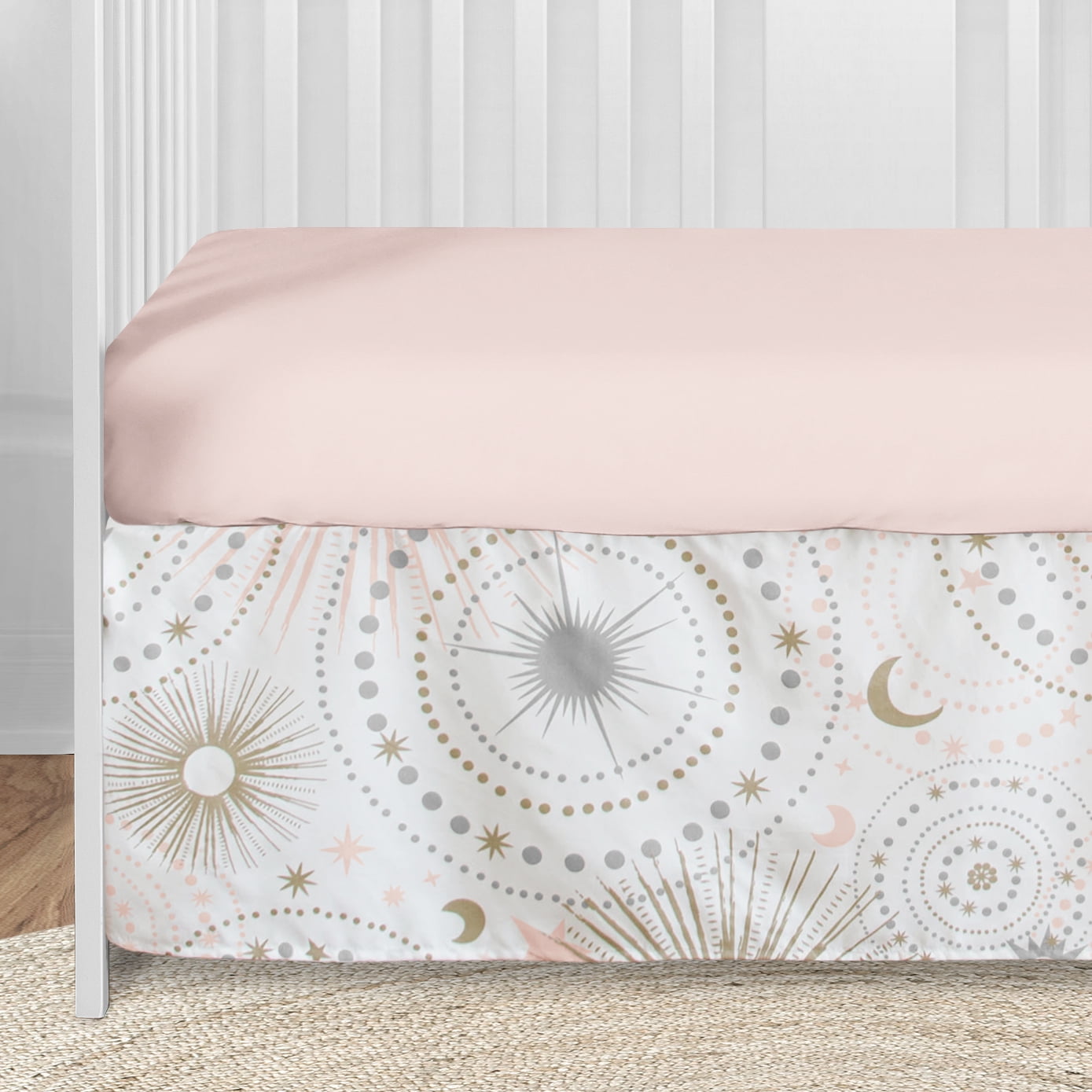 Grey and White Star and Moon Celestial Baby Girl Crib Bedding Set Without Bumper Sweet JoJo Designs 4 Piece Blush Pink Gold