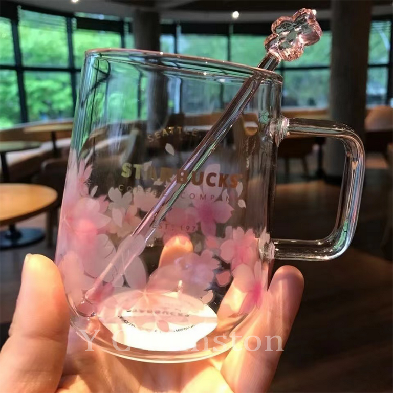 New Starbucks Pink Sakura Color-changing Glass Coffee Mug Cup with Flower  Stick 