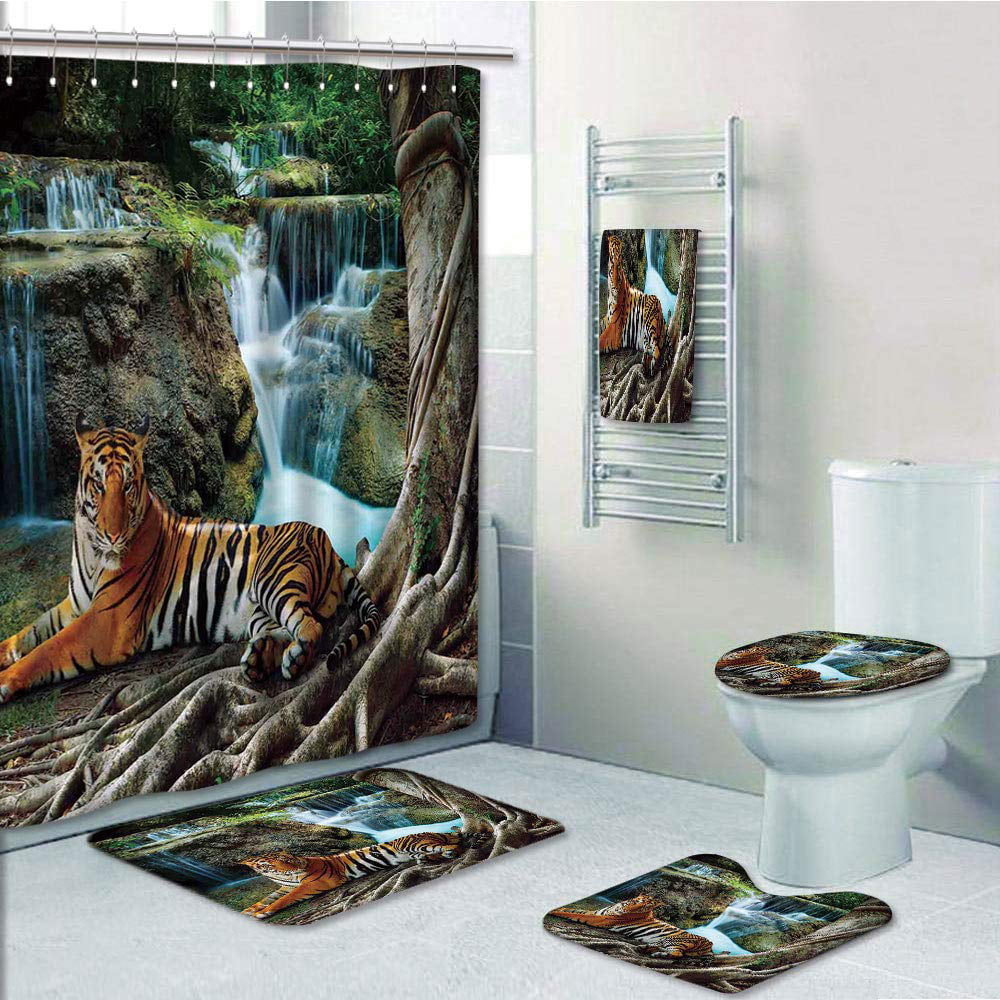 72x72'' Tiger Lying Relax Bathroom Shower Curtain Waterproof 12 Hooks & Bath Mat 