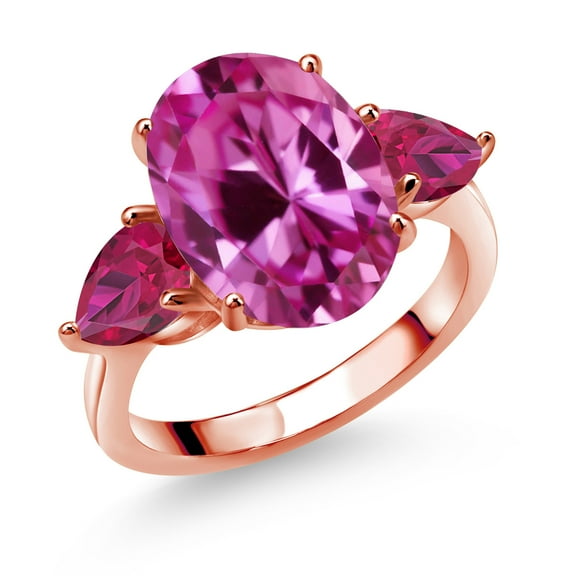 Gem Stone King 18K Rose Gold Plated Silver Pink Created Sapphire and Red Created Ruby Ring for Women (8.00 Cttw, 14X10MM Oval and 7X5MM Pear Shape, Gemstone September Birthstone, Size 5)