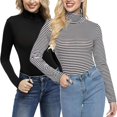 thumbnail image 1 of 2 Packs Femmes Manches Longues Col Roulé Simulé Noir Pull Extensible Couche Fine Noir et Rayures 3TG, 1 of 1