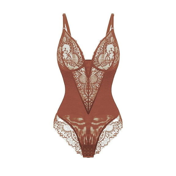 ZQUUVOU Women's Plus Size Bodysuit Stretchy Lace V Neck Sleeveless Bodysuit Full Body Shaper Comfortable Teddy Babydoll Brown